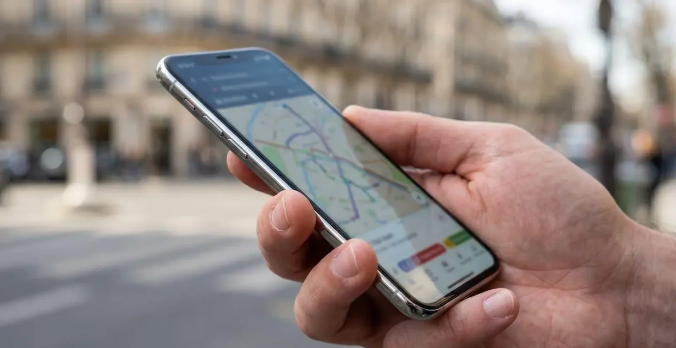 Close-up of hands holding a modern smartphone displaying a bus tour mobile app with map interface and route information