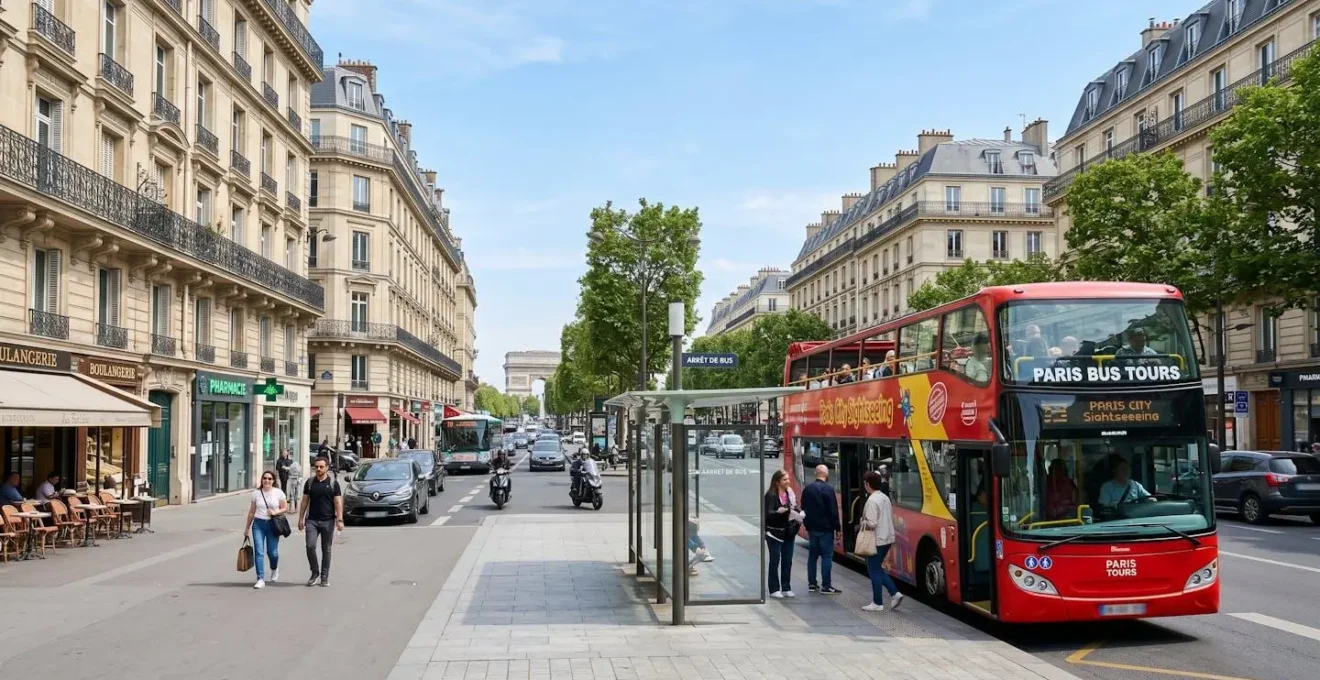 Wide angle view of a Paris city street with a red hop-on hop-off tourist bus stopped near classic Parisian architecture