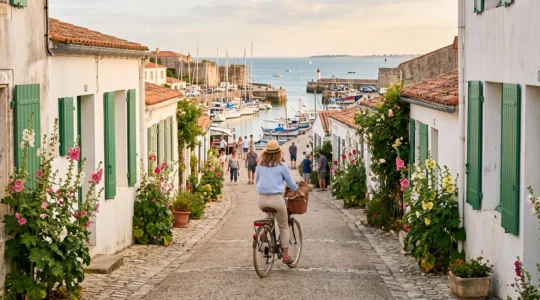 A cyclist rides through a whitewashed coastal village lane with the sea in the distance.