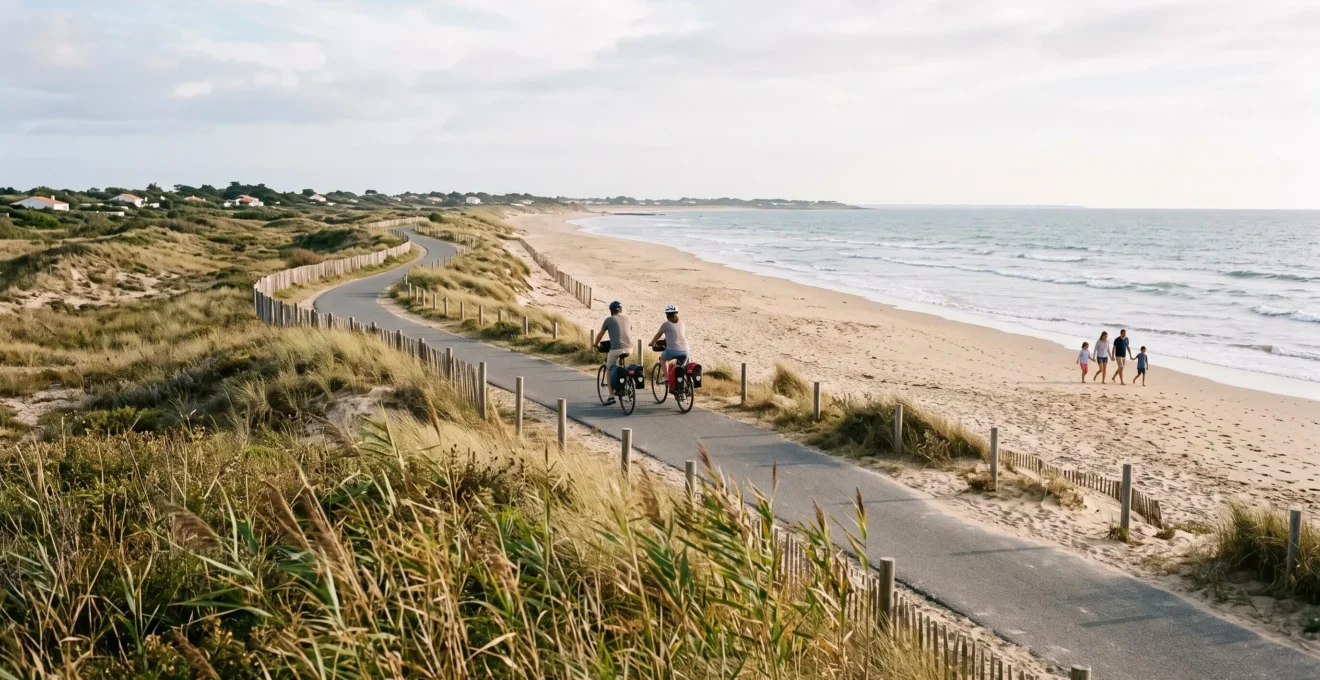 Cyclistes sur une piste longeant une plage de l'île de Ré en fin d'après-midi.