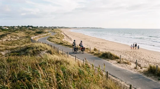 Cyclistes sur une piste longeant une plage de l'île de Ré en fin d'après-midi.