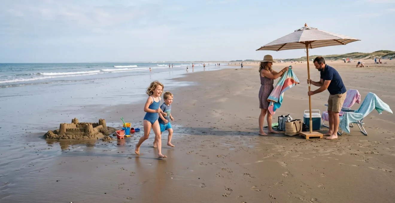 Famille installant un parasol sur une plage de sable pendant que les enfants courent au bord de l'eau.