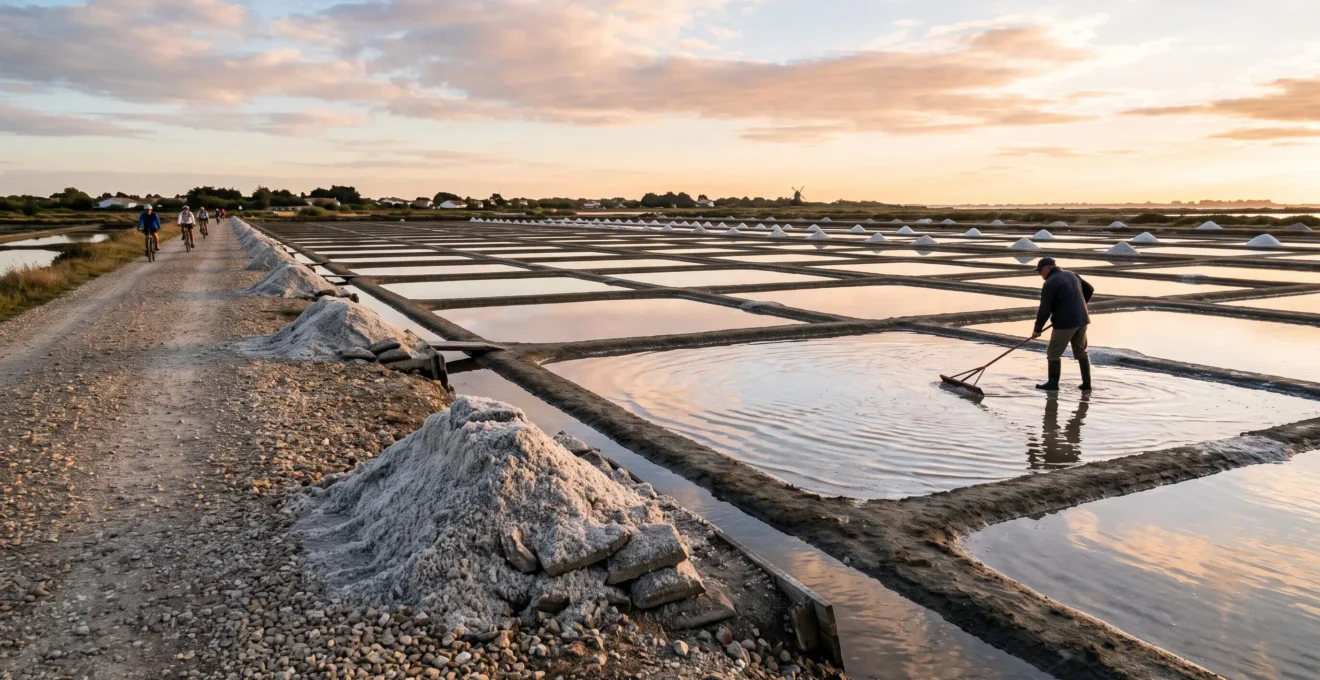 Bassins des marais salants de l'île de Ré avec un saunier au travail au loin.