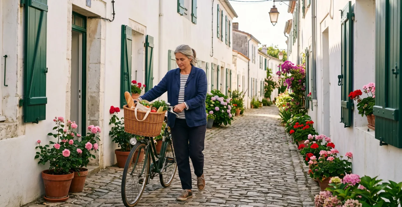 Une femme marche dans une ruelle au murs blancs et volets verts d'un village de l'île de Ré.